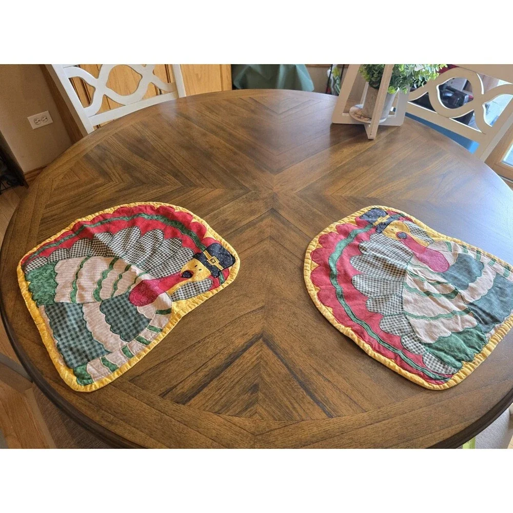 Vintage Thanksgiving Turkey Quilted Placemats Set of 2 Primitive Country Fall